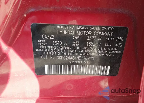 2022 Hyundai Accent Se z USA, uszkodzony, nr VIN 3KPC24A64NE170930
